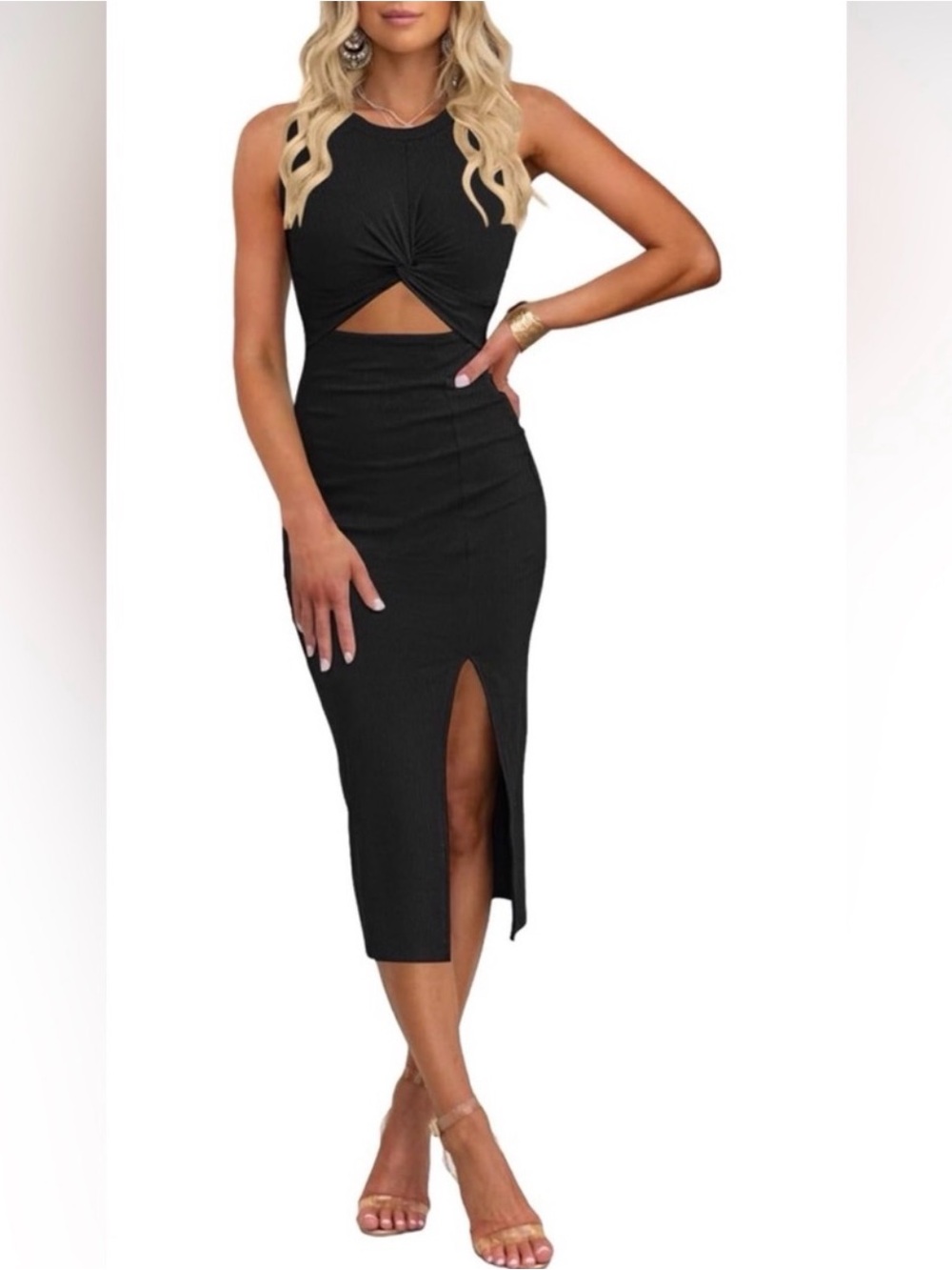 Oten Black Cutout Midi Dress | Twist Front | Bodycon | Size Small